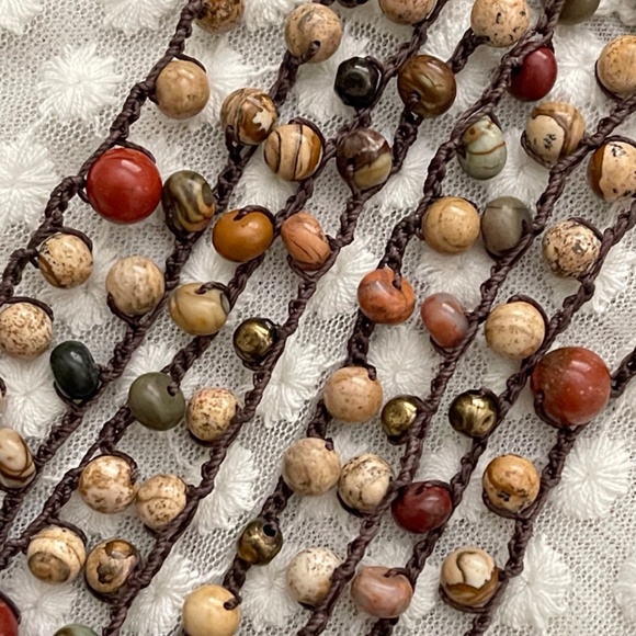 ARTISAN Necklace Jasper Mix on Chocolate Long Crocheted Wrap and Earrings Set - Picture 11 of 15